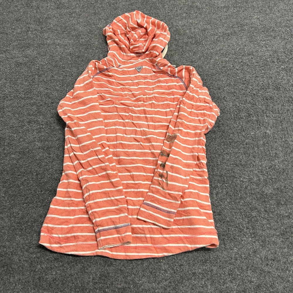 Columbia Hoodie Womens XS Orange White Striped V-Neck Casual Pullover Stained - Picture 7 of 8
